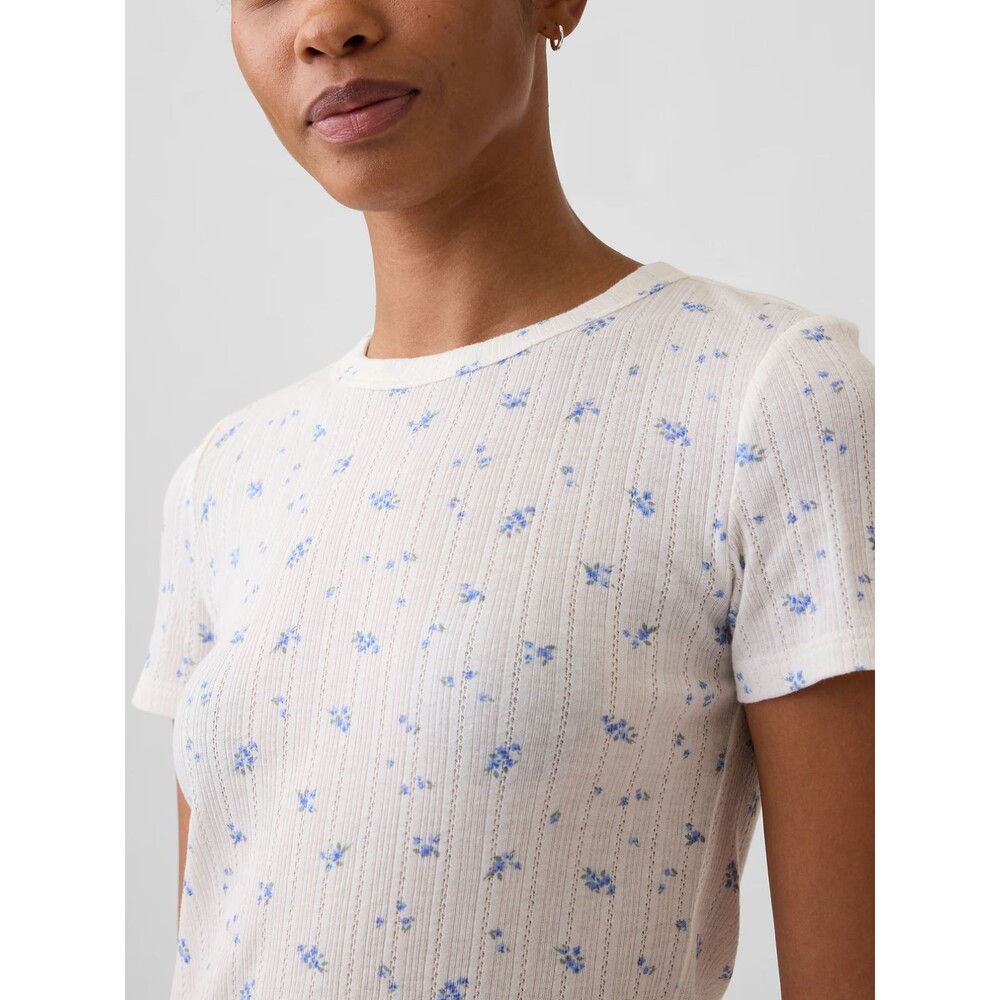 Gap Women's Essential Ribbed Pointelle SS T-Shirt Blue Floral Size Large NWT